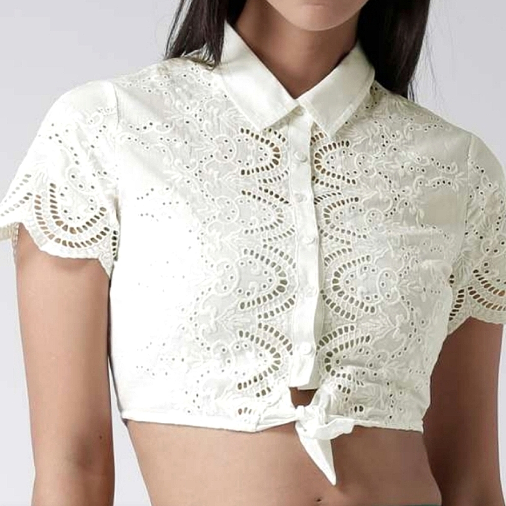Forever 21  Women's  White Schiffli Embroidered Button Down Cropped Shirt